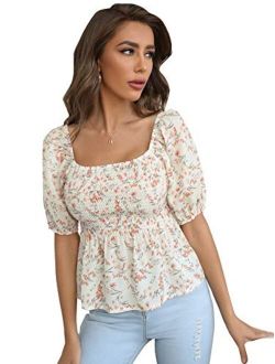 Women's Boho Ditsy Floral Square Neck Short Sleeve Shirred Blouse Tops