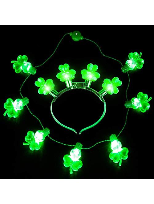 Joyin 6 Pcs St. Patrick's Day Shamrock LED Light Up Headband and Necklace Party Accessories Iris Green Saint Patricks Glow in the Dark Party Favor Supplies