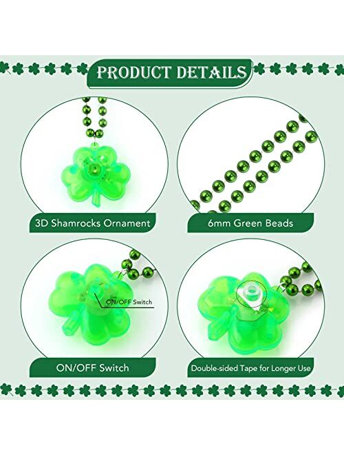 Bonuci 5 Pieces Light up St Patrick's Day Accessories, Saint Patty Day Light up Metallic Beads Necklaces Bracelet LED Clover Earrings Green Shamrock Headband for Irish Dr