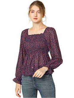 Women's Smocked Floral Printed Square Neck Chiffon Smock Blouse Tops