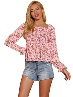 Women's Smocked Floral Printed Square Neck Chiffon Smock Blouse Tops