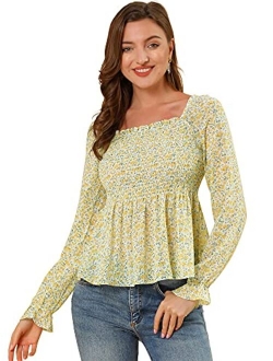 Women's Smocked Floral Printed Square Neck Chiffon Smock Blouse Tops