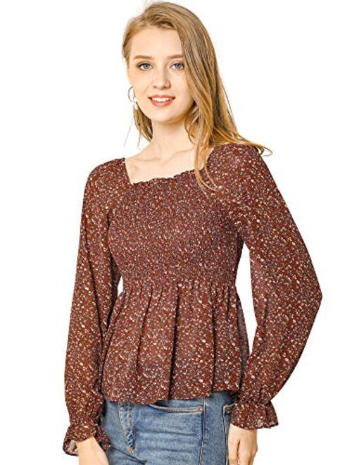 Allegra K Women's Smocked Floral Printed Square Neck Chiffon Smock Blouse Tops