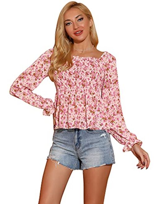 Allegra K Women's Smocked Floral Printed Square Neck Chiffon Smock Blouse Tops