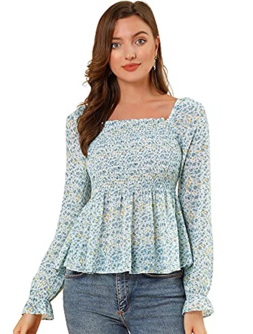 Allegra K Women's Smocked Floral Printed Square Neck Chiffon Smock Blouse Tops