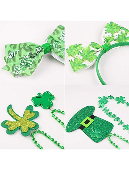 Linsoir Beads 8 Pack St. Patrick's Day Parade Accessories Green Shamrock Clover Top Hat Necklaces Shamrock Headband Shamrock Hair Bows for St. Patrick's Day Holiday Costu