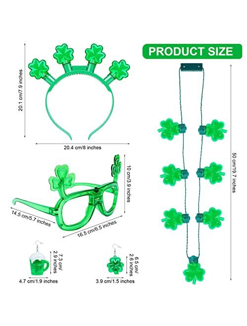 Fovths 5 Pieces St Patrick's Day Accessories Light Up Green Irish Shamrock Headband and Necklace LED Earrings and Light Up Shamrock Glasses for Saint Patrick's Party Favo