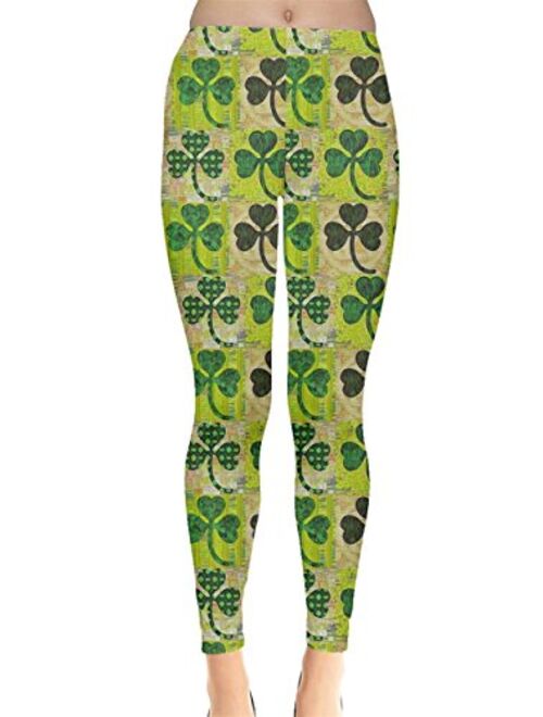 CowCow Womens Green Shamrock St Patricks Day Clover Leaves Leprechauns Leggings, XS-5XL