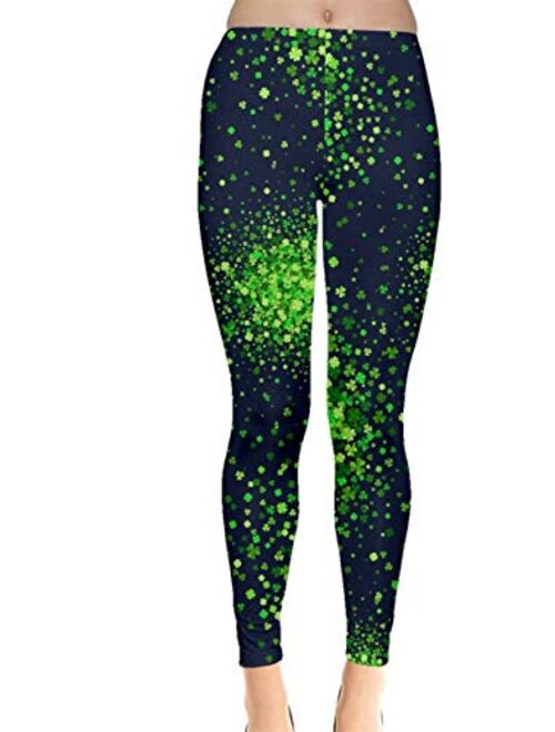 CowCow Womens Green Shamrock St Patricks Day Clover Leaves Leprechauns Leggings, XS-5XL