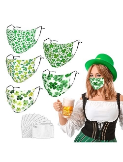 Molsfved St. Patrick's Day Face Mask Reusable Ireland Shamrock Clover Mask Adjustable Ear Loops for Adult 5pcs with 10 Filters