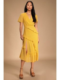 Next to You Mustard Yellow Swiss Dot Ruffled Midi Dress