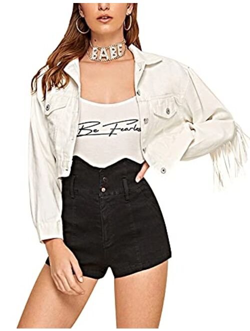 ARSSM Women's White Fringe Denim Jacket Cropped Y2k Stylish Tassel Fringe Denim Fringe Jacket for Women