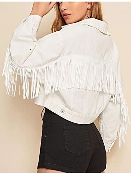 ARSSM Women's White Fringe Denim Jacket Cropped Y2k Stylish Tassel Fringe Denim Fringe Jacket for Women