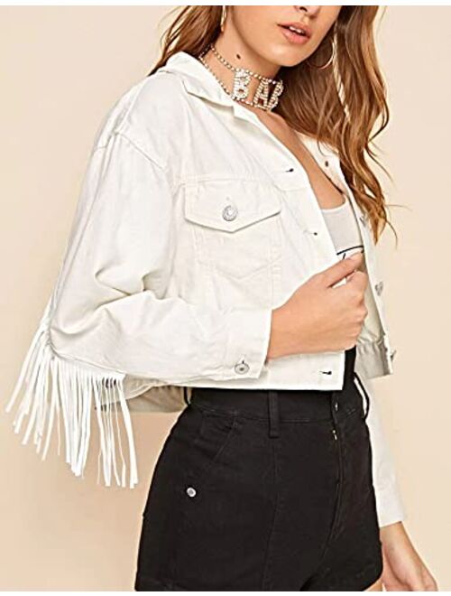 ARSSM Women's White Fringe Denim Jacket Cropped Y2k Stylish Tassel Fringe Denim Fringe Jacket for Women