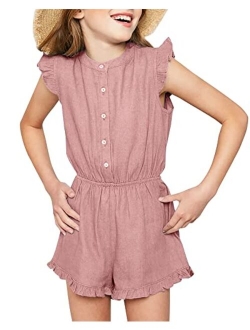 Goranbon Girls' Romper Kids Cute Jumpsuits Button Down Ruffle Sleeveless Summer Clothes