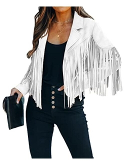 CHARTOU Women's Chic Cropped Tassel Fringe Faux Suede Moto Jacket