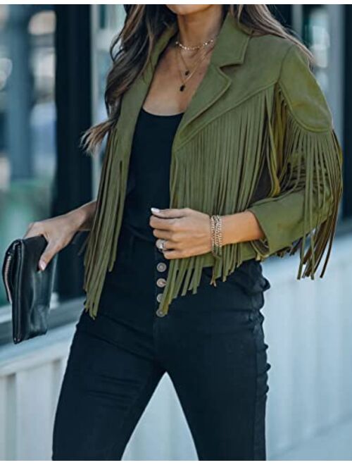 CHARTOU Women's Chic Cropped Tassel Fringe Faux Suede Moto Jacket