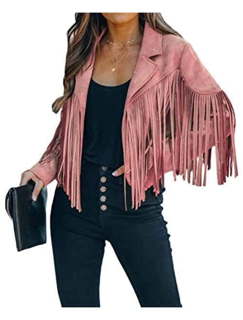 CHARTOU Women's Chic Cropped Tassel Fringe Faux Suede Moto Jacket