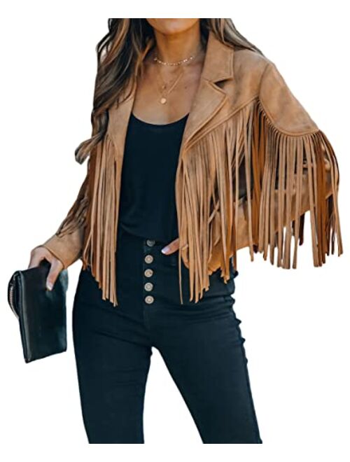 CHARTOU Women's Chic Cropped Tassel Fringe Faux Suede Moto Jacket