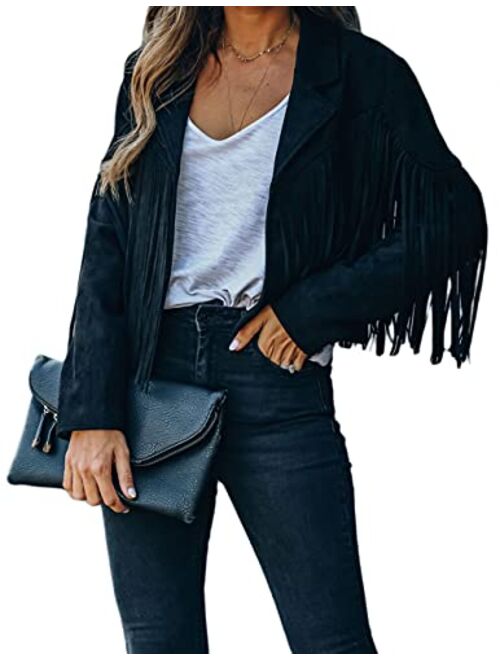 CHARTOU Women's Chic Cropped Tassel Fringe Faux Suede Moto Jacket