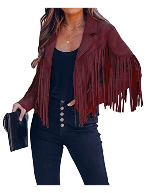 CHARTOU Women's Chic Cropped Tassel Fringe Faux Suede Moto Jacket