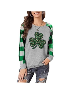 Anbech St. Patricks Day Shirt Women Funny Leopard Clover Graphic Top Cute Shamrock Long Sleeve Plaid Tee