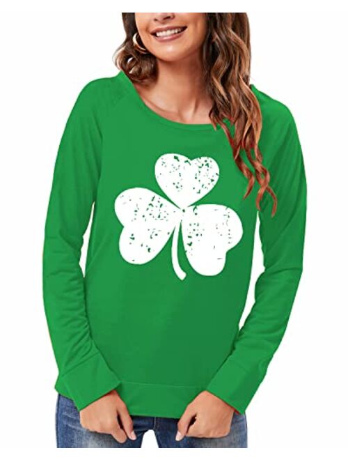 FEDPOP St Patricks Day Shirt Women Round Neck Long Sleeve Green Irish Tops