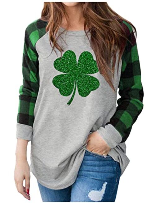 Chicfloral Women St. Patrick's Day Long Sleeve Raglan T-Shirt I Love Shenanigans Shamrock Graphic Splicing Tees Shirt Tops