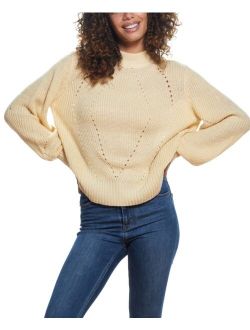 Women's Sparkly Open Back Balloon Sleeves Mock Neck Sweater