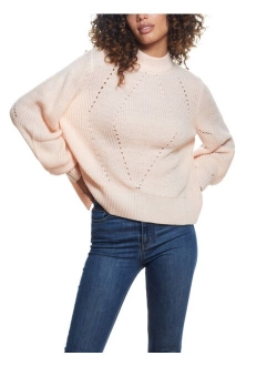 Women's Sparkly Open Back Balloon Sleeves Mock Neck Sweater