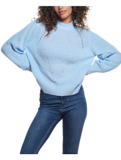 Women's Sparkly Open Back Balloon Sleeves Mock Neck Sweater