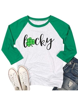 Blessed Clover T Shirt Women St. Patricks Day Plaid Shamrock Shirt 3/4 Sleeve Raglan Baseball Tee Top