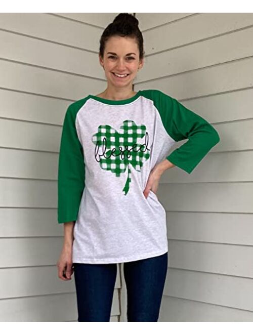 Blessed Clover T Shirt Women St. Patricks Day Plaid Shamrock Shirt 3/4 Sleeve Raglan Baseball Tee Top