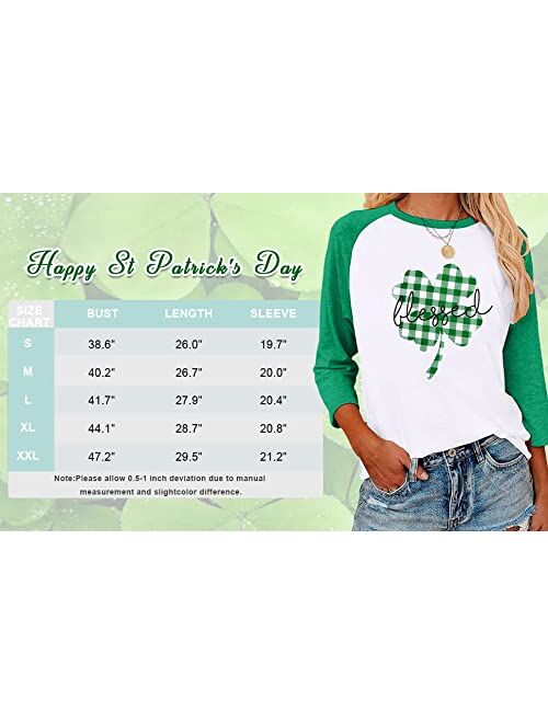 Blessed Clover T Shirt Women St. Patricks Day Plaid Shamrock Shirt 3/4 Sleeve Raglan Baseball Tee Top