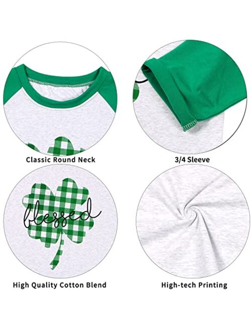 Blessed Clover T Shirt Women St. Patricks Day Plaid Shamrock Shirt 3/4 Sleeve Raglan Baseball Tee Top