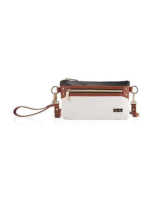 Itzy Ritzy Boss Pouch Wristlet, Crossbody and Belt Bag; Includes Crossbody Strap & Wristlet Strap; Features 6 Card Slots & 2 Zippered Pockets, Coffee & Cream