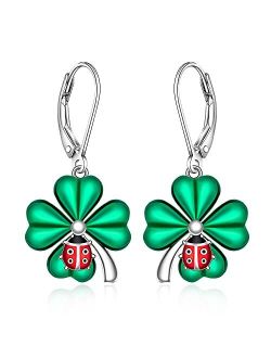 Fenthring Shamrock St Patricks Day Earrings for Women Girls Dangle Drop Sterling Silver Four Leaf Clover Irish Green Miraculous Ladybug Earrings Leverback Cute Red Beetle