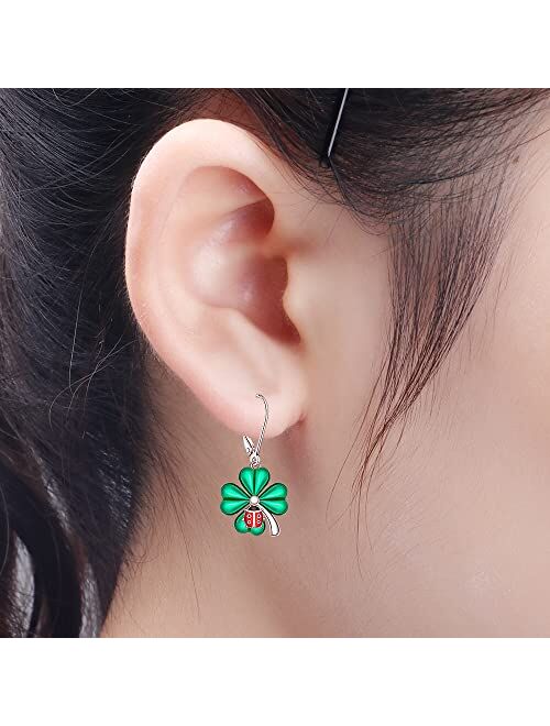 Fenthring Shamrock St Patricks Day Earrings for Women Girls Dangle Drop Sterling Silver Four Leaf Clover Irish Green Miraculous Ladybug Earrings Leverback Cute Red Beetle