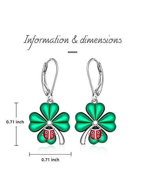 Fenthring Shamrock St Patricks Day Earrings for Women Girls Dangle Drop Sterling Silver Four Leaf Clover Irish Green Miraculous Ladybug Earrings Leverback Cute Red Beetle