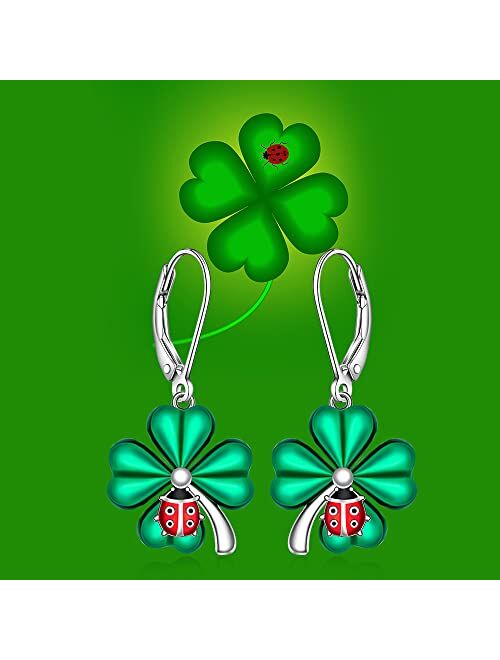 Fenthring Shamrock St Patricks Day Earrings for Women Girls Dangle Drop Sterling Silver Four Leaf Clover Irish Green Miraculous Ladybug Earrings Leverback Cute Red Beetle