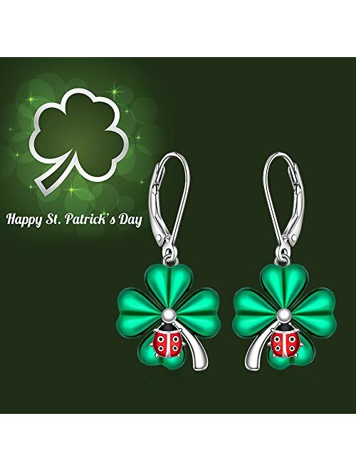 Fenthring Shamrock St Patricks Day Earrings for Women Girls Dangle Drop Sterling Silver Four Leaf Clover Irish Green Miraculous Ladybug Earrings Leverback Cute Red Beetle