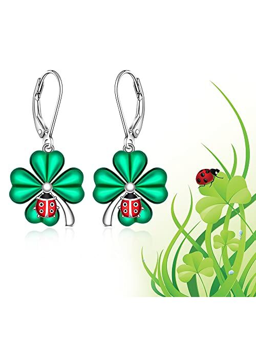 Fenthring Shamrock St Patricks Day Earrings for Women Girls Dangle Drop Sterling Silver Four Leaf Clover Irish Green Miraculous Ladybug Earrings Leverback Cute Red Beetle