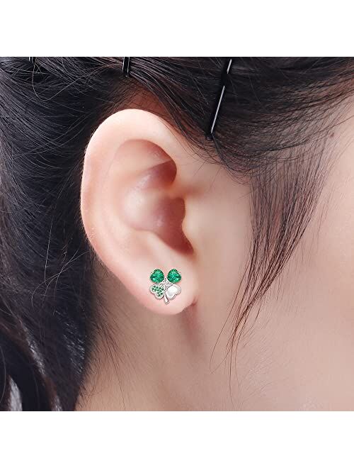 Fenthring St Patricks Day Shamrock Earrings Sterling Silver Four Leaf Clover Irish Triquetra Celtic Knot Earrings for Women Girls Emerald Green CZ Stud Prom Valentines Da