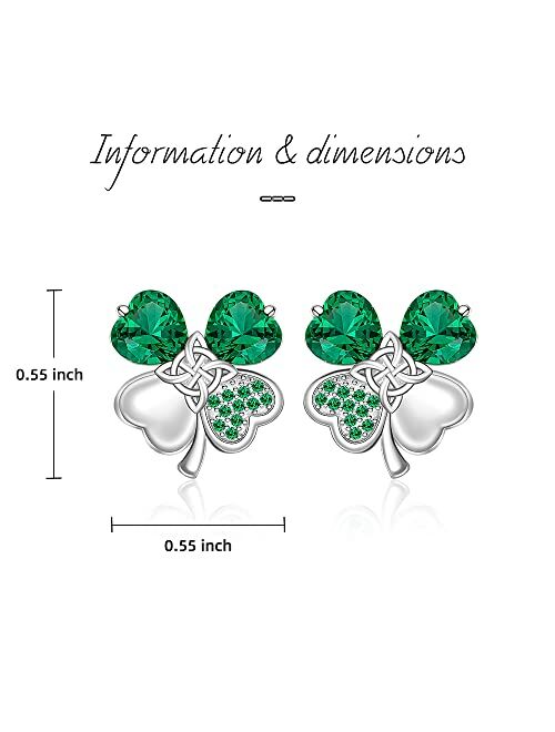 Fenthring St Patricks Day Shamrock Earrings Sterling Silver Four Leaf Clover Irish Triquetra Celtic Knot Earrings for Women Girls Emerald Green CZ Stud Prom Valentines Da