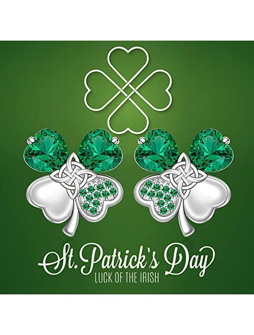 Fenthring St Patricks Day Shamrock Earrings Sterling Silver Four Leaf Clover Irish Triquetra Celtic Knot Earrings for Women Girls Emerald Green CZ Stud Prom Valentines Da