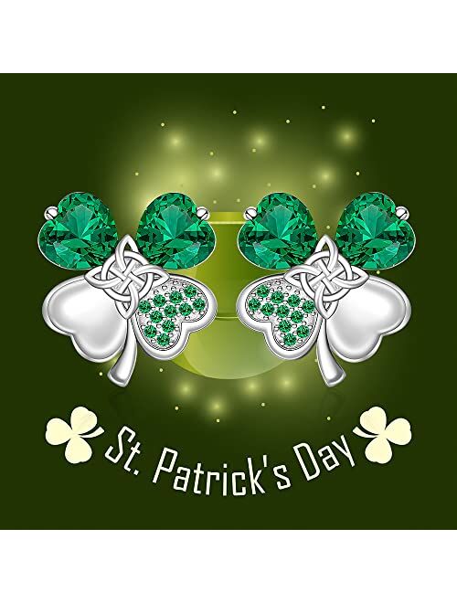 Fenthring St Patricks Day Shamrock Earrings Sterling Silver Four Leaf Clover Irish Triquetra Celtic Knot Earrings for Women Girls Emerald Green CZ Stud Prom Valentines Da