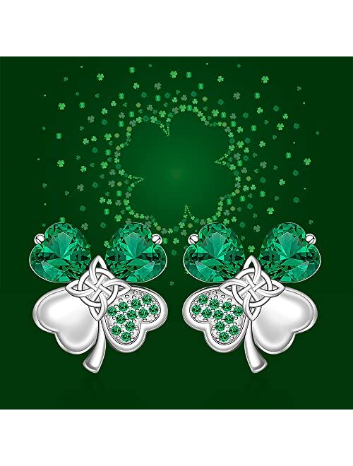 Fenthring St Patricks Day Shamrock Earrings Sterling Silver Four Leaf Clover Irish Triquetra Celtic Knot Earrings for Women Girls Emerald Green CZ Stud Prom Valentines Da