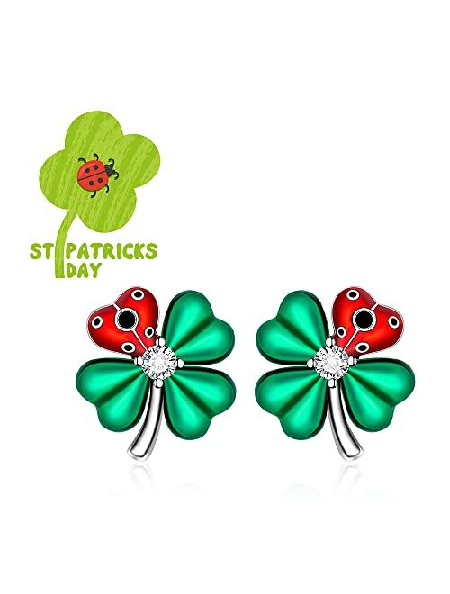 Fenthring St Patricks Day Shamrock Earrings for Women Girls Four Leaf Clover Miraculous Ladybug Earrings Stud Sterling Silver Irish Green Cute Red Beetle Valentines Mothe