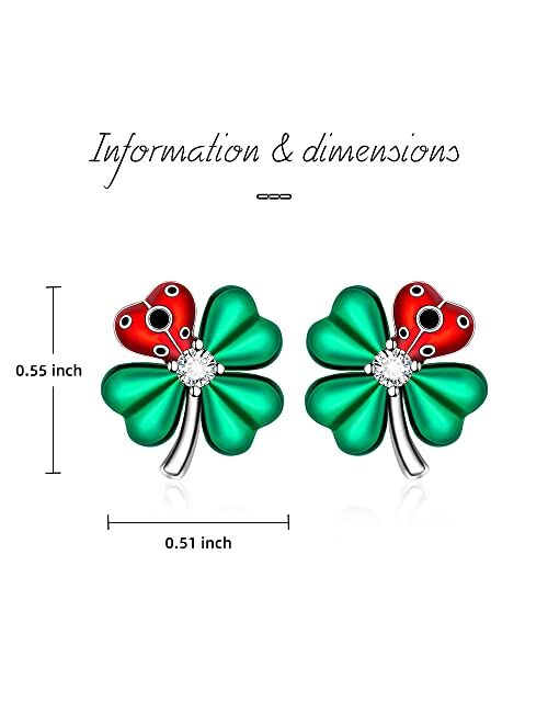 Fenthring St Patricks Day Shamrock Earrings for Women Girls Four Leaf Clover Miraculous Ladybug Earrings Stud Sterling Silver Irish Green Cute Red Beetle Valentines Mothe