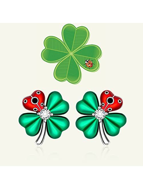 Fenthring St Patricks Day Shamrock Earrings for Women Girls Four Leaf Clover Miraculous Ladybug Earrings Stud Sterling Silver Irish Green Cute Red Beetle Valentines Mothe